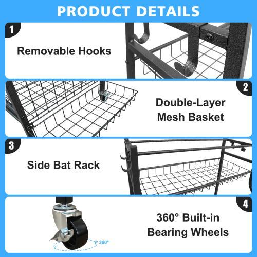 Garage Sports Equipment Storage Rack With Large Capacity, Wheeled, Rolling, Indoor And Outdoor Universal Ball Storage Rack