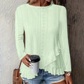 Women Eyelet Long Sleeve Tops Shirts Dressy Casual Crew Neck Ruffle Hem Blouses