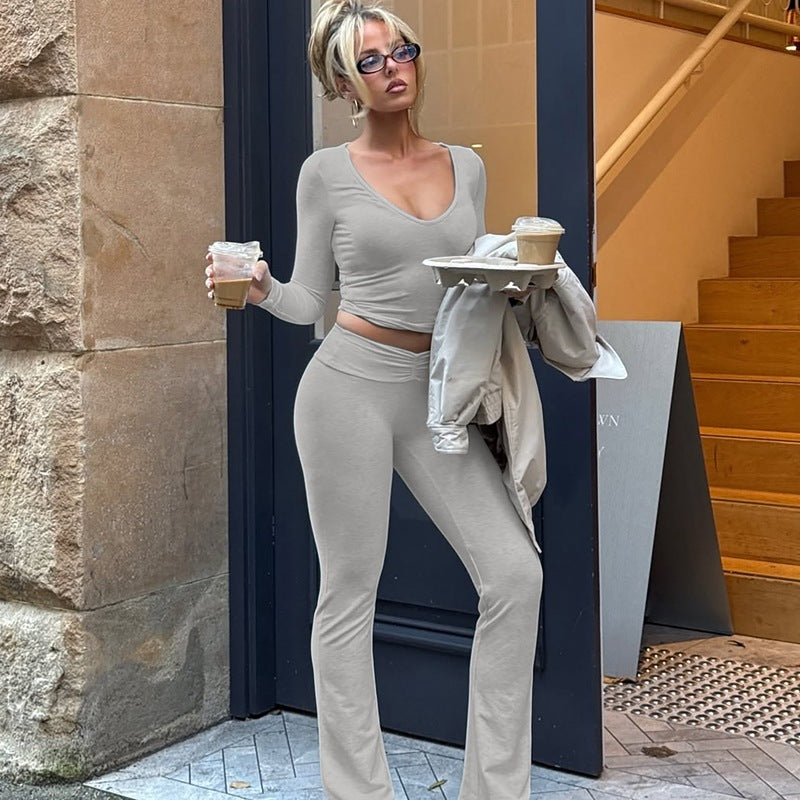 Fashion Midriff-baring Long Sleeve Top Waist-tight Solid Color Wide-leg Pants Suit