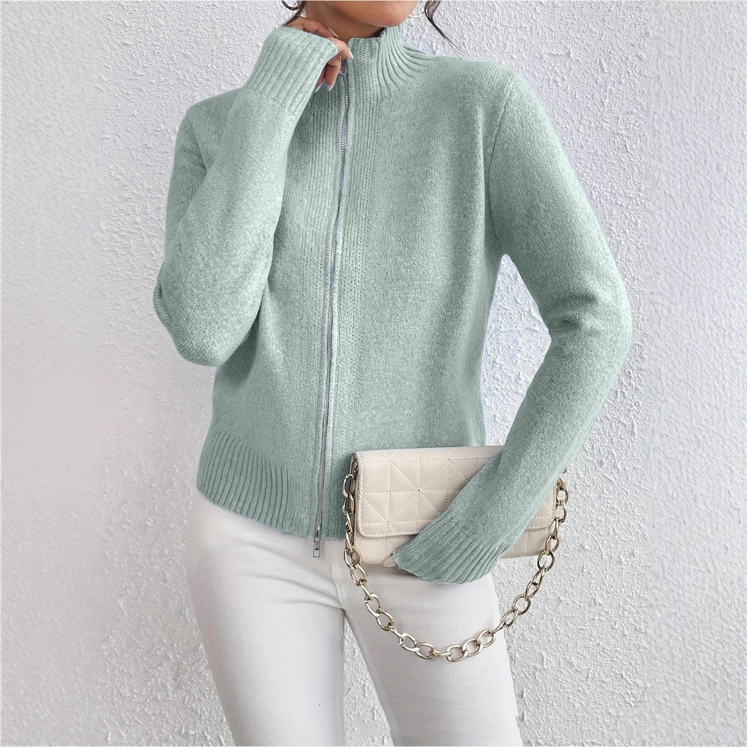 Stand Collar Zipper Sweater Fashionable Knitted