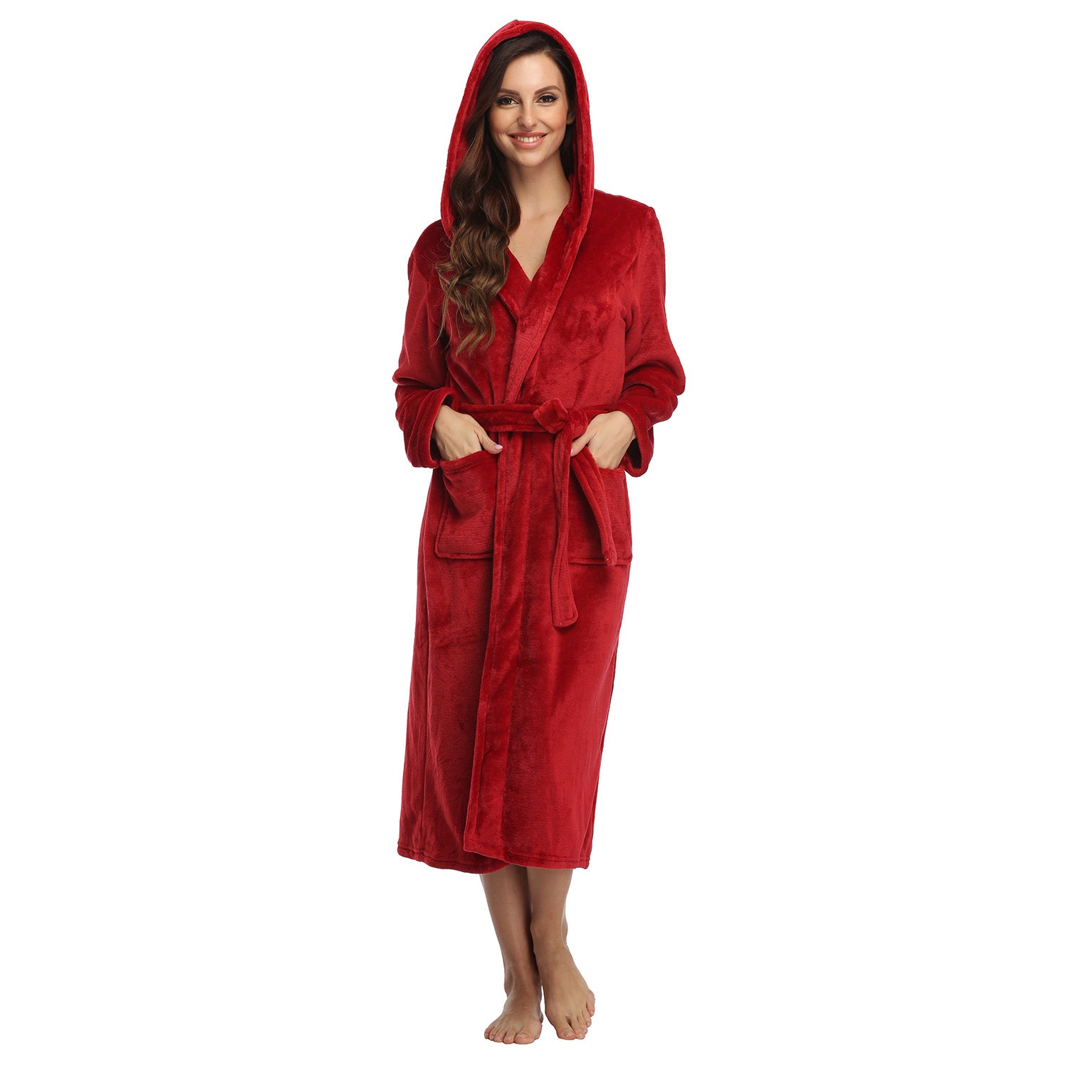 RONGTAI Womens Long Robes Plush Fleece Nightgown Thick Hooded Bathrobe With Pockets Fluffy Sleepwear For Men