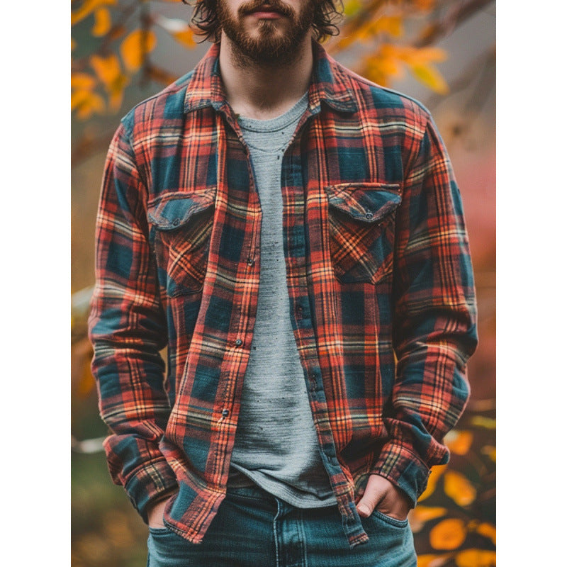 Plaid Printed Fleece-lined Men's Pocket Shirt