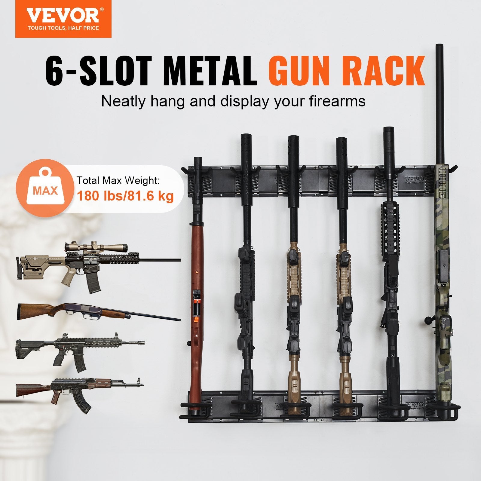 Gun Rack, Indoor Gun Rack Wall Mount, 6-Slot Vertical Rifle Shotgun Gun Rack, 180 Lb Heavy Duty Metal Wall Gun Rack Display Stand With Soft Padding
