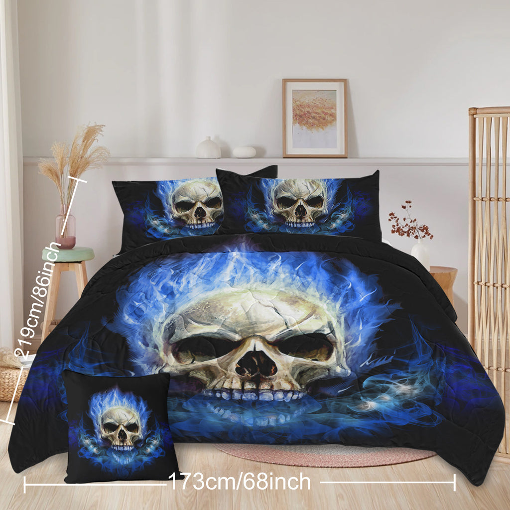 4 Piece Blue Fire Skull Comforter Set, 3D Skeleton Printed Bedding With 1 Comforter, 2 Shams, 1 Cushion Cover, Black Queen Size