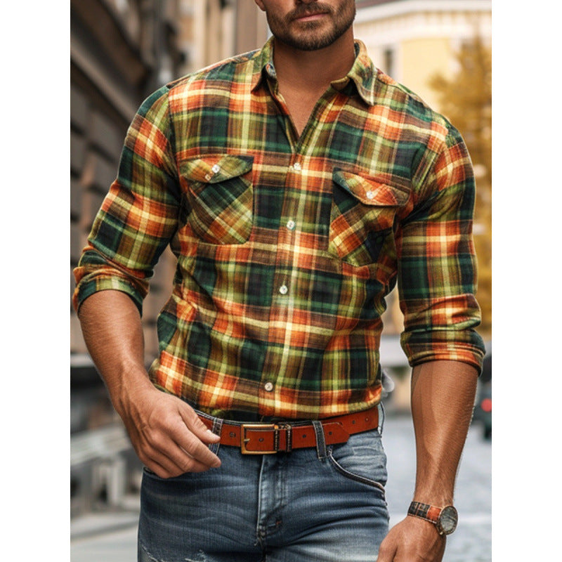Plaid Printed Fleece-lined Men's Pocket Shirt