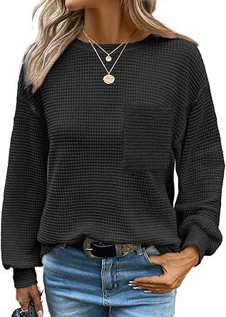 Women's Waffle Knit Top Long Sleeve Crew Neck Casual