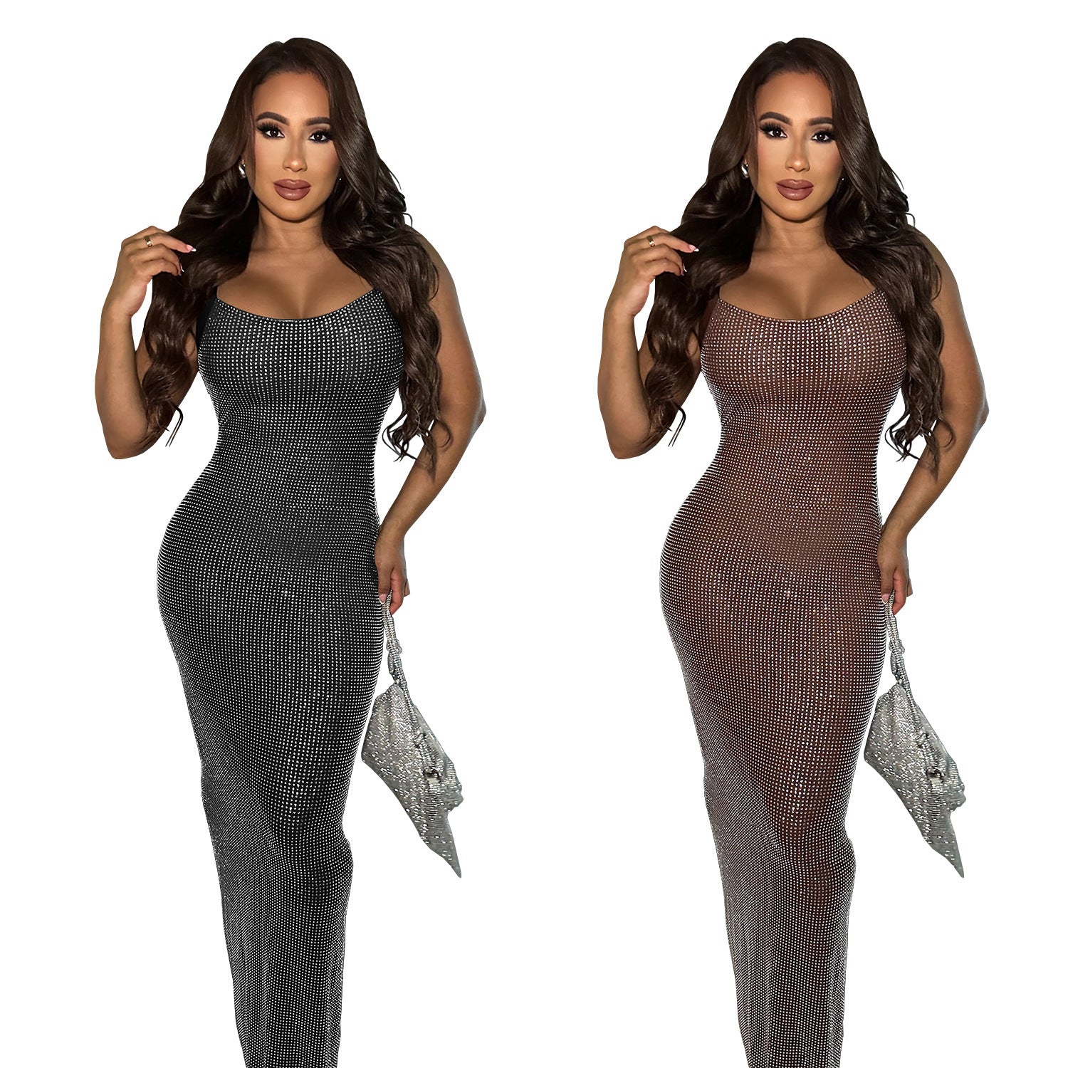 Wear Sexy Mesh Hot Drilling Arm Covering Backless Dress