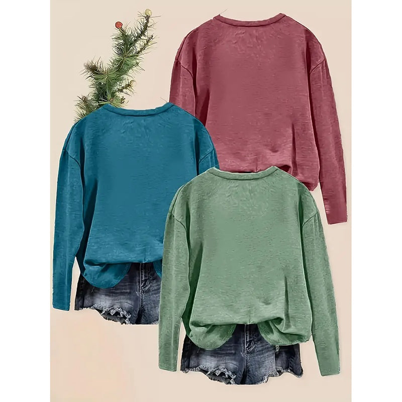 Women's 3-Pack Graphic Tee Long Sleeve Tops Casual Loose V Neck T Shirts
