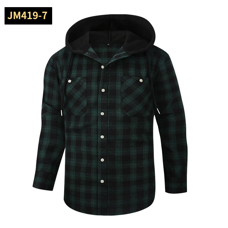 Loose Casual Flannel Long Sleeve Hooded Plaid Shirt