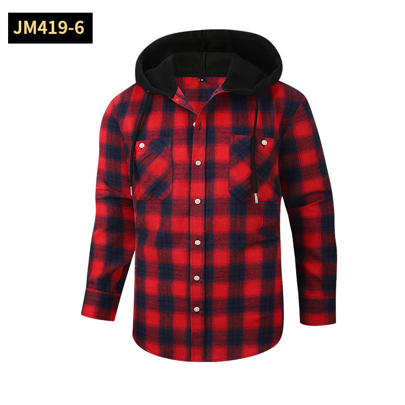 Loose Casual Flannel Long Sleeve Hooded Plaid Shirt