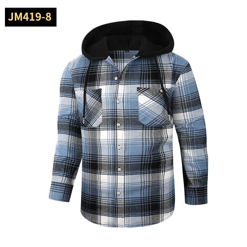 Loose Casual Flannel Long Sleeve Hooded Plaid Shirt