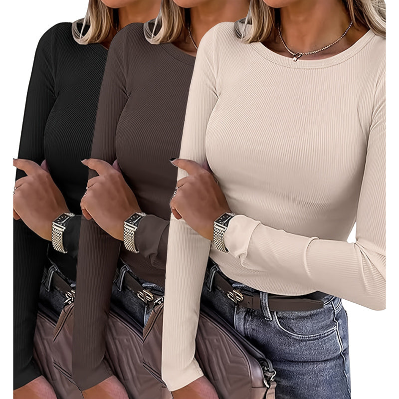 3 Pack Women's Long Sleeve Shirts, Crew Neck Ribbed Tops Slim Fit Casual Knit Tees Stretch Basic T Shirts