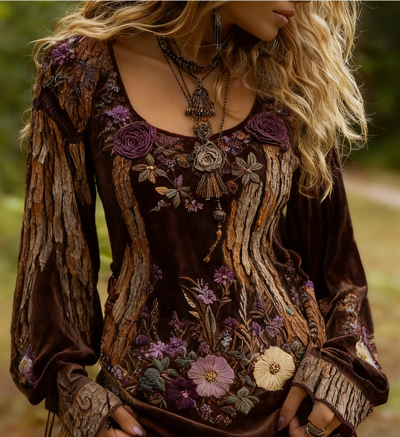 Grass And Flower Embroidered Linen Shirt