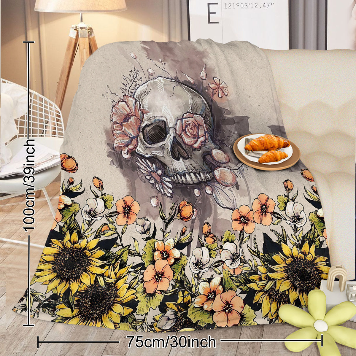 Rustic Skull Sunflower Flannel Fleece Blanket Floral Skull Flannel Soft Plush Throw Blanket Cozy Blankets For Bed Chair Car Sofa Couch Bedroom 75x100cm 130x150cm 150x200cm