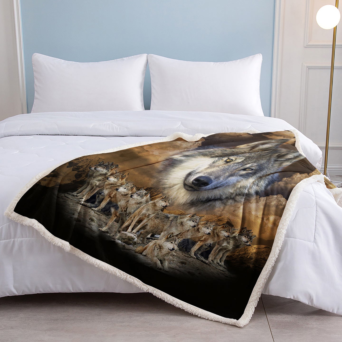 Indian Wolf Sherpa Fleece Blanket Native American Wolf Cozy Warm Fluffy Plush Blanket For Bed Couch Chair Living Room Decor 50x60 Inch 60x80 Inch