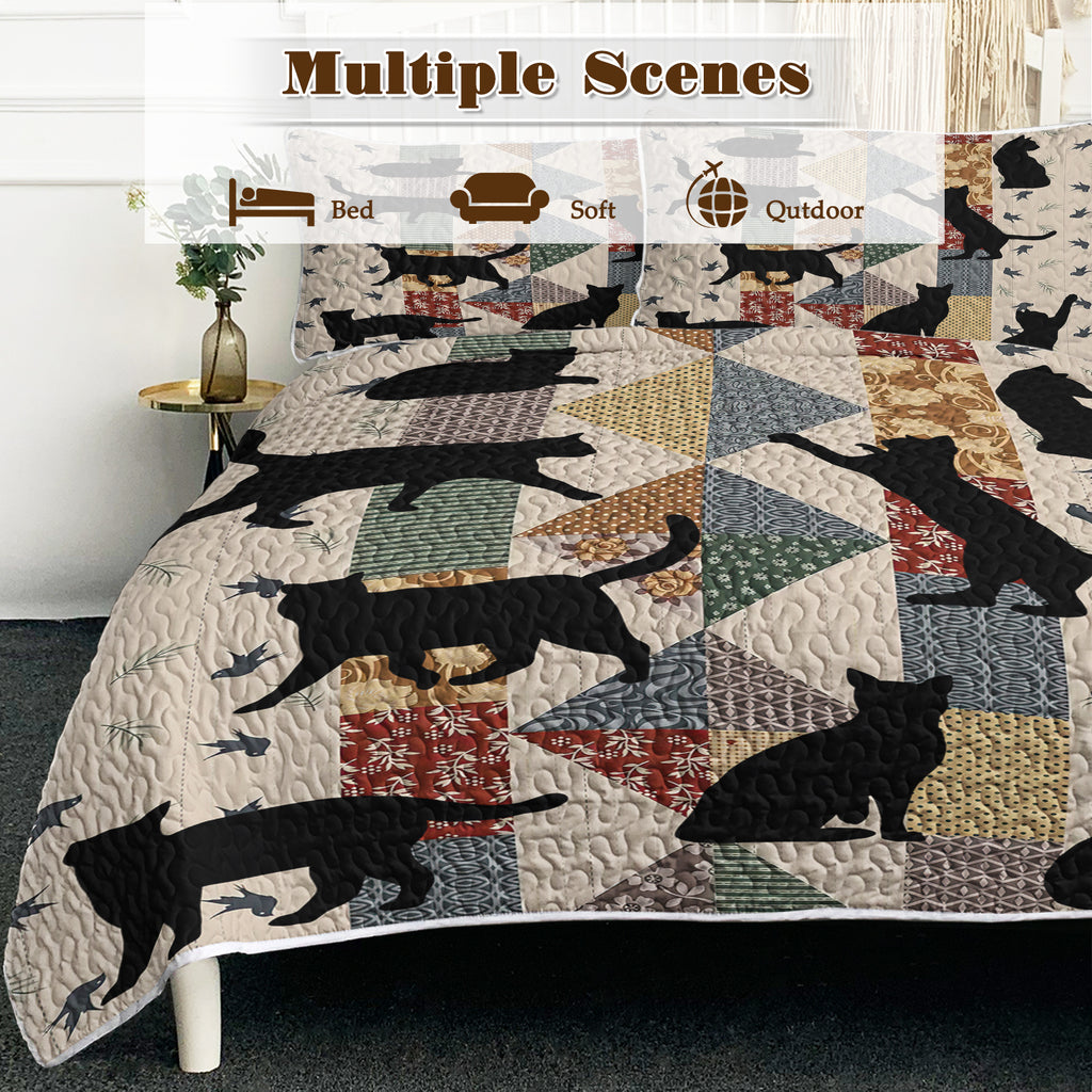 3pcs Of Black Cat Multi Posture Pattern Blanket Set All Season Bedding, 2 Pillowcases For Children, Teenagers, And Adults, Suitable For Bedrooms