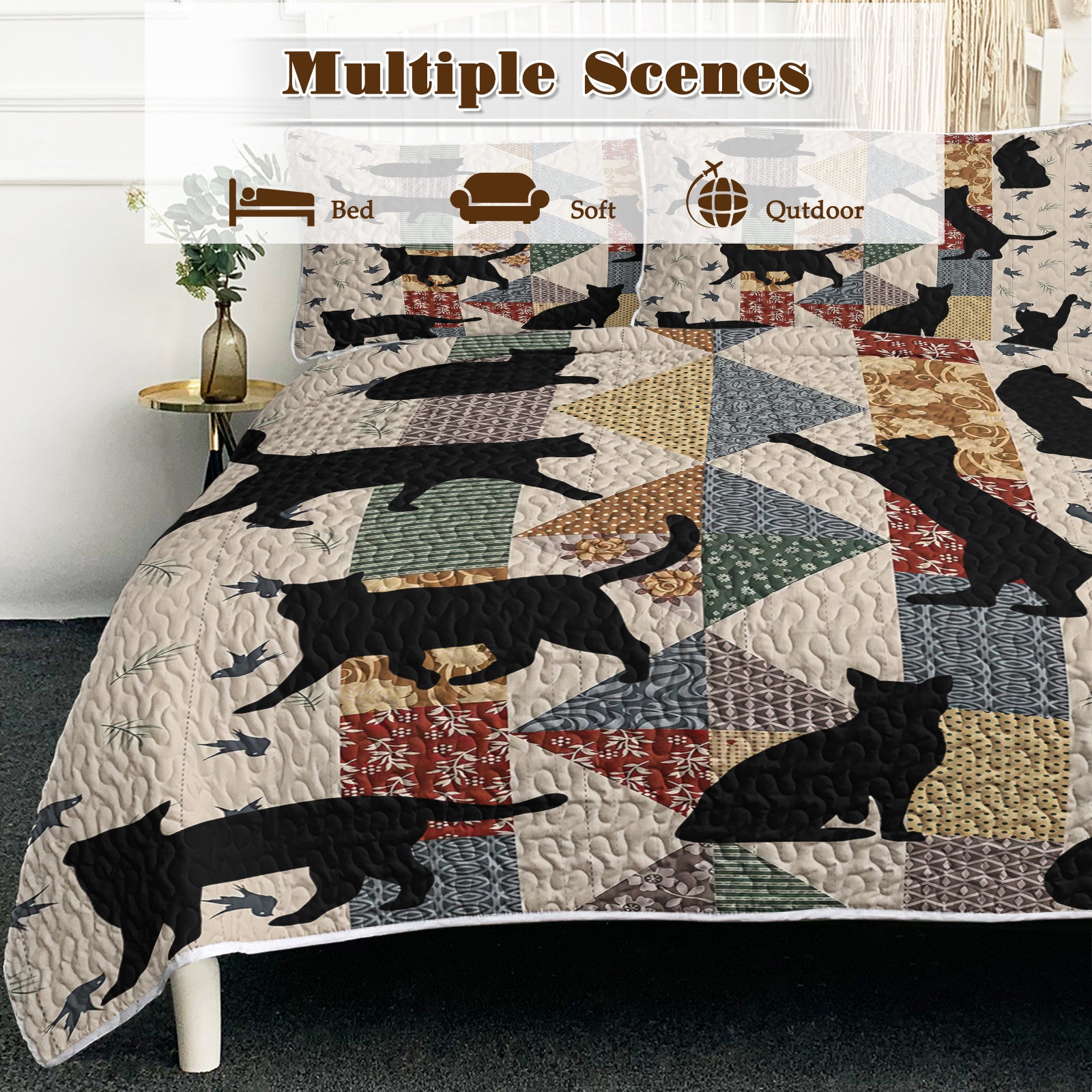 3pcs Of Black Cat Multi Posture Pattern Blanket Set All Season Bedding, 2 Pillowcases For Children, Teenagers, And Adults, Suitable For Bedrooms