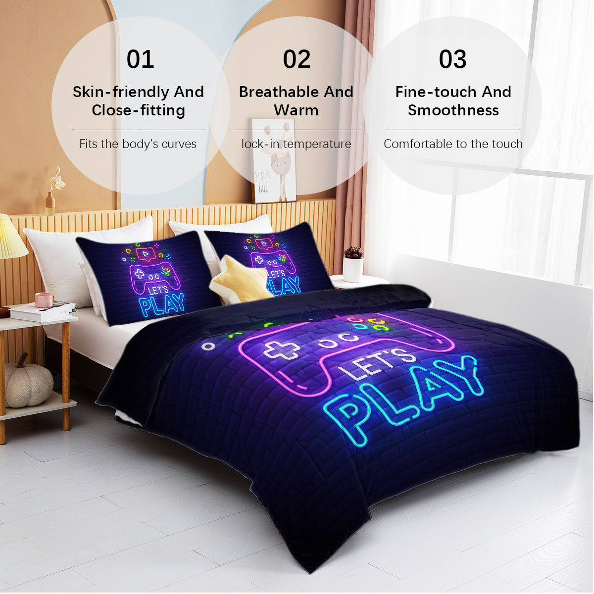3 Pieces Neon Game Pattern Comforter Set Ultra Soft Bedding Set