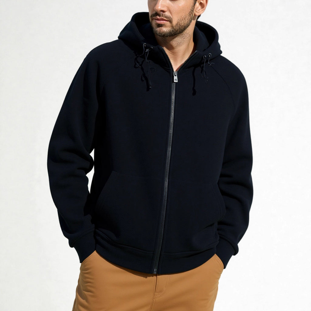 Solid Color Full Zipper Hooded Jacket Men's Sweater