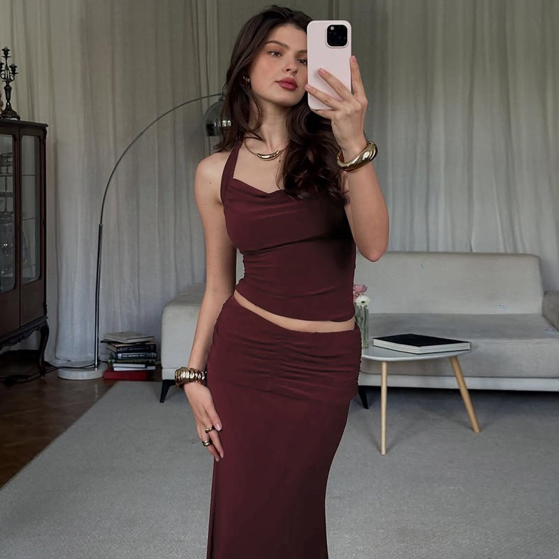 Sexy Lacing Tube Top Slim Fit Pleated Skirt Suit