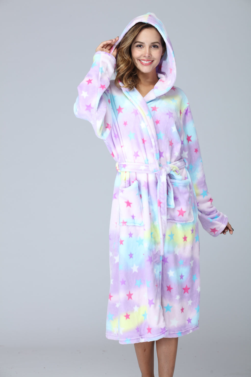RONGTAI Womens Long Robes Plush Fleece Nightgown Thick Hooded Bathrobe With Pockets Fluffy Sleepwear For Men