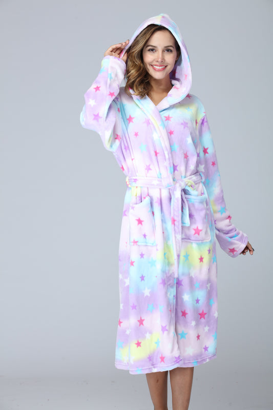 RONGTAI Womens Long Robes Plush Fleece Nightgown Thick Hooded Bathrobe With Pockets Fluffy Sleepwear For Men