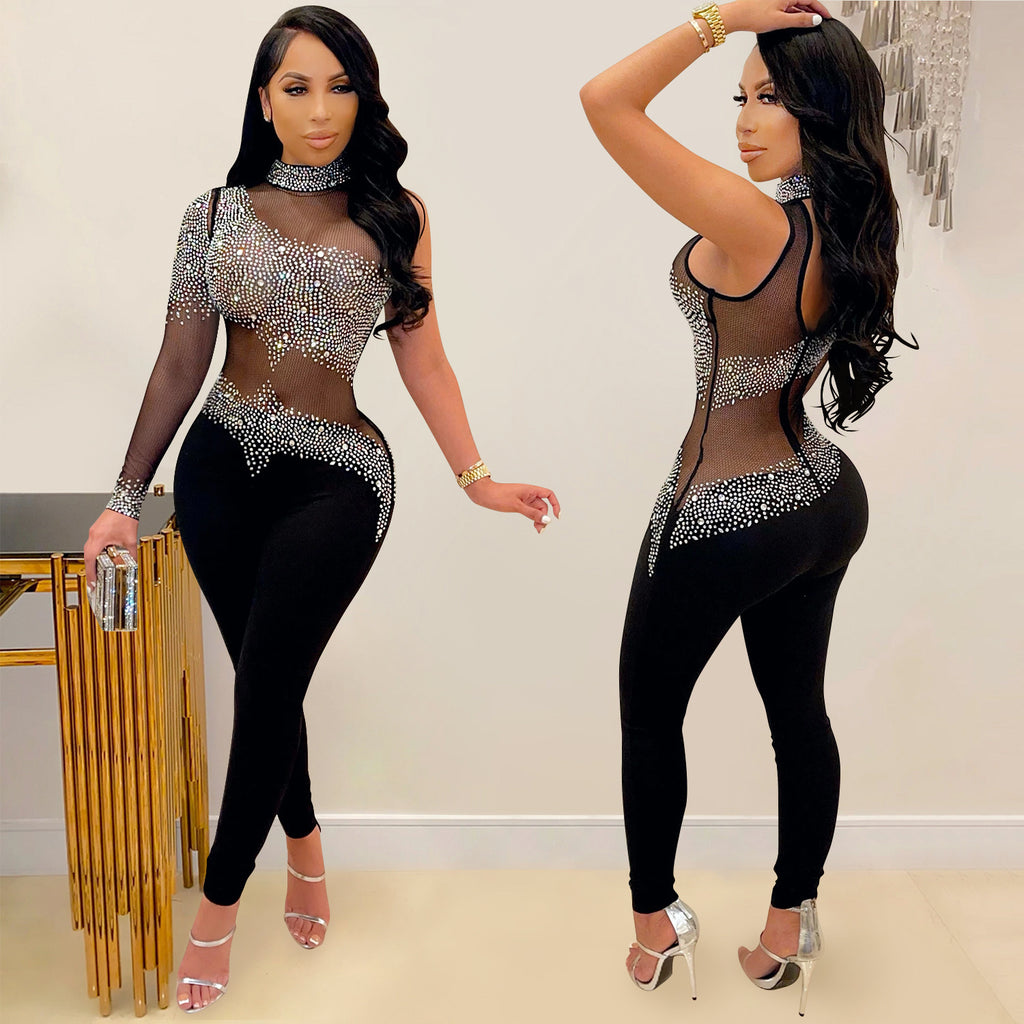 Transparent Mesh Milk Silk Stitching Rhinestone One-shoulder Jumpsuit