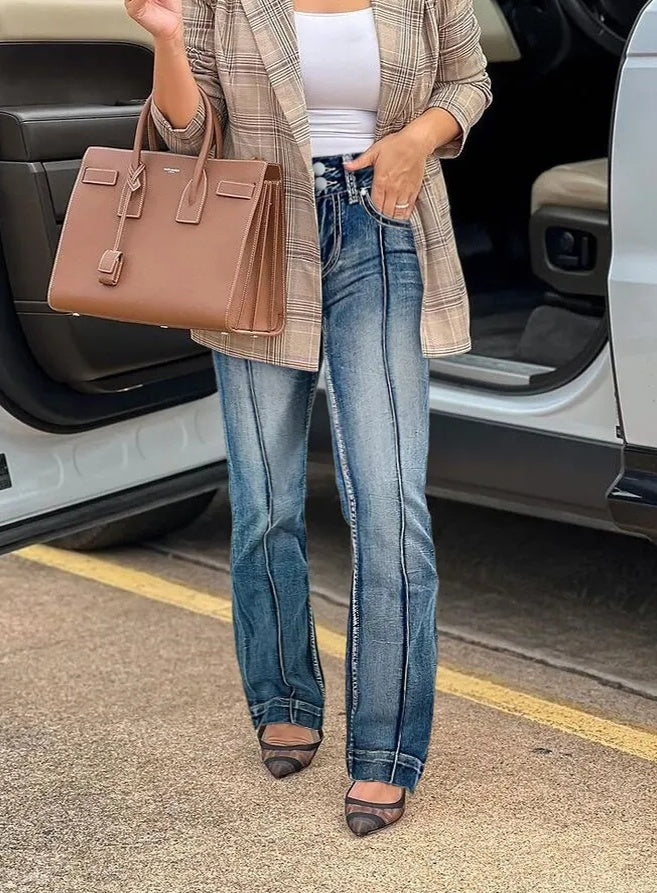 Women's Vintage High Waist Flare Jeans, Retro Paneled Bootcut Denim With Double Button Closure, Flattering Wide Leg Pants