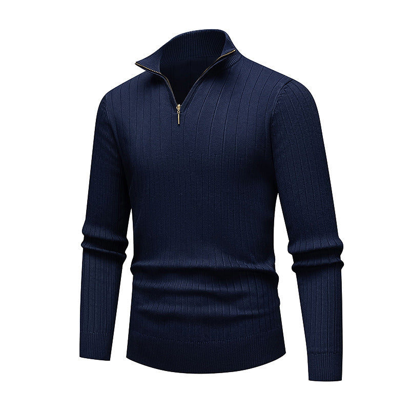 Men's Knitwear Half Zipped Stand Collar Striped Sweater