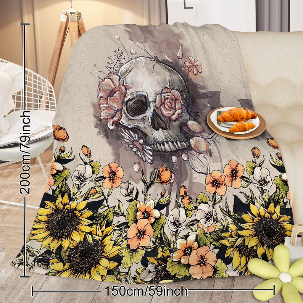 Rustic Skull Sunflower Flannel Fleece Blanket Floral Skull Flannel Soft Plush Throw Blanket Cozy Blankets For Bed Chair Car Sofa Couch Bedroom 75x100cm 130x150cm 150x200cm