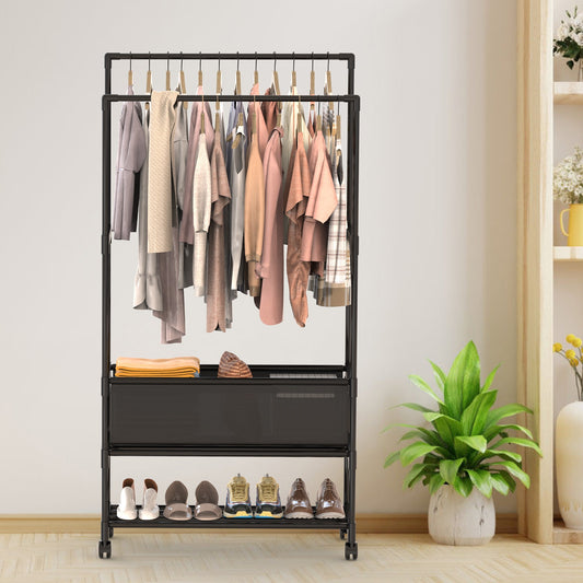 1Pc Double Rods Garment Rack With Storage Bag Portable Clothing Rack With Shelves Lockable Wheels Small Portable Closet Storage Bag Height Adjustable
