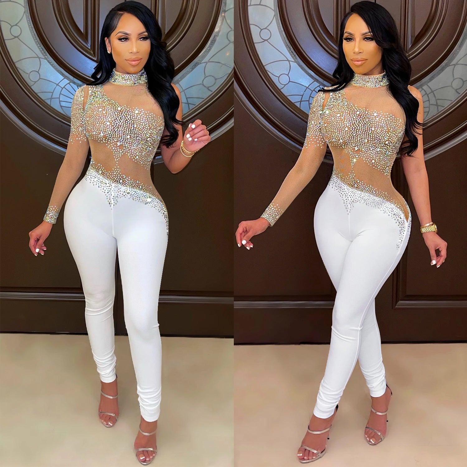 Transparent Mesh Milk Silk Stitching Rhinestone One-shoulder Jumpsuit