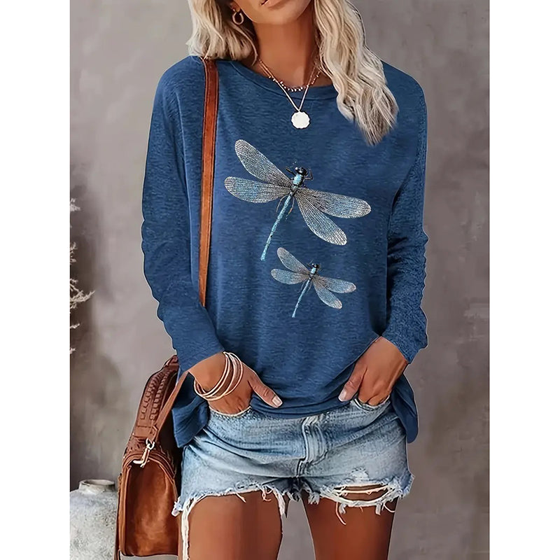 Women's Dragonfly Print Crew Neck T-Shirt, Casual Long Sleeve Top For Spring & Fall