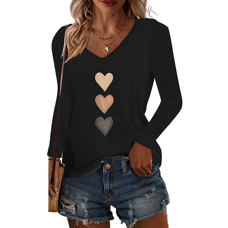 3PCS Women's Floral Heart Graphic T Shirts V Neck Long Sleeve Casual Fall Tops