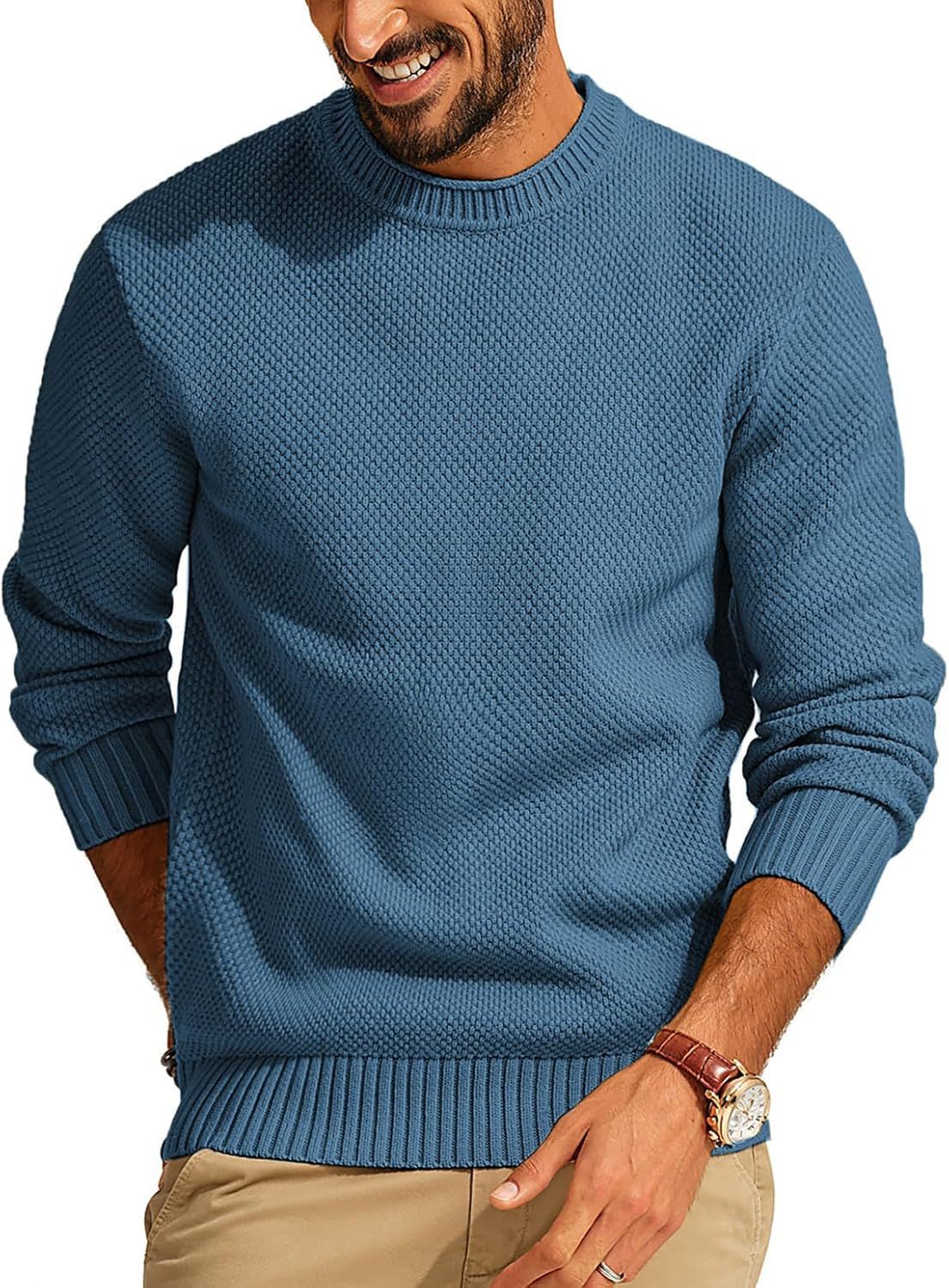 Round Neck Pullover Sweater Men's Waffle Sweater
