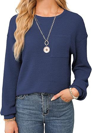 Women's Waffle Knit Top Long Sleeve Crew Neck Casual