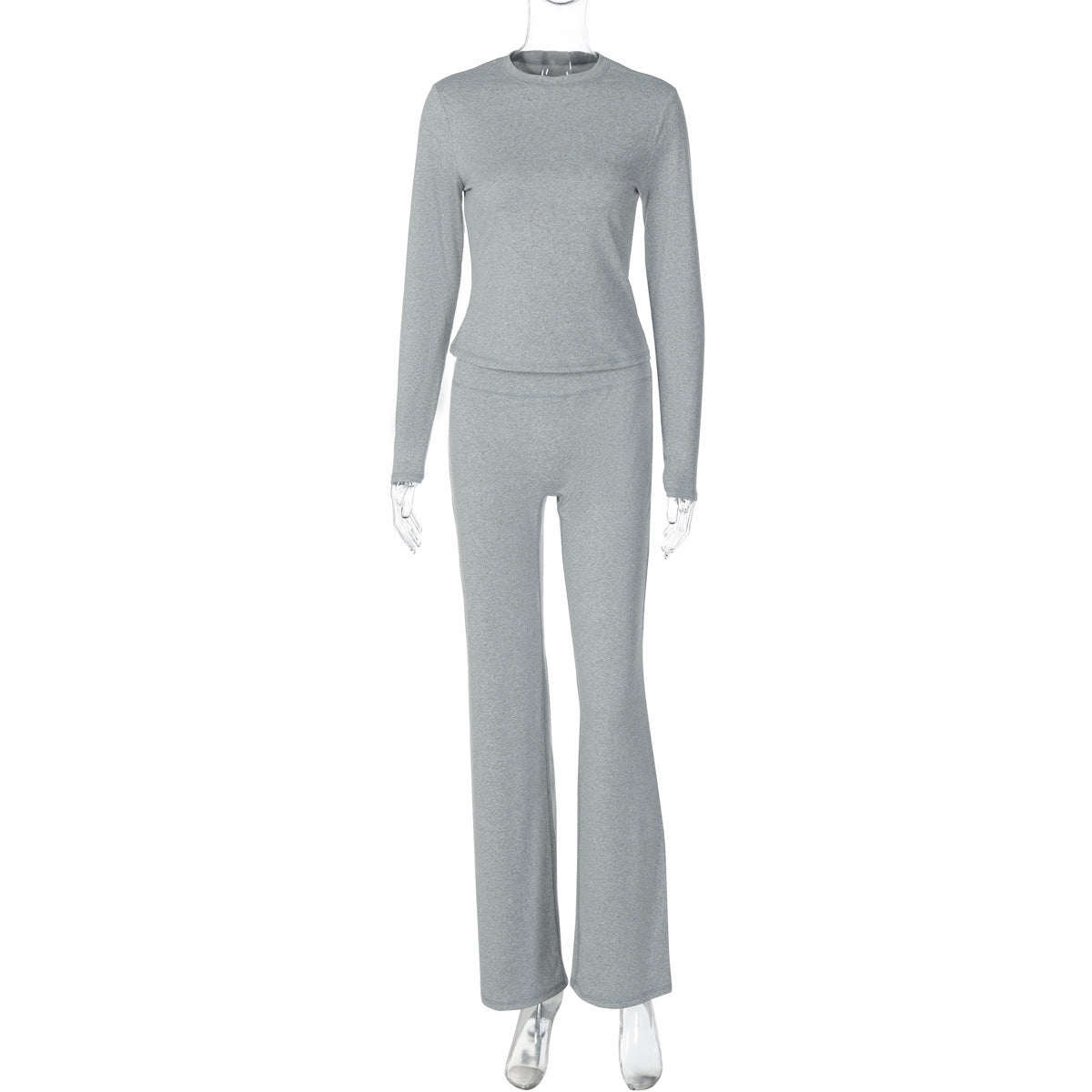 Fashion Casual Crew Neck Top Slim High Waist Bootcut Pants Solid Color Suit