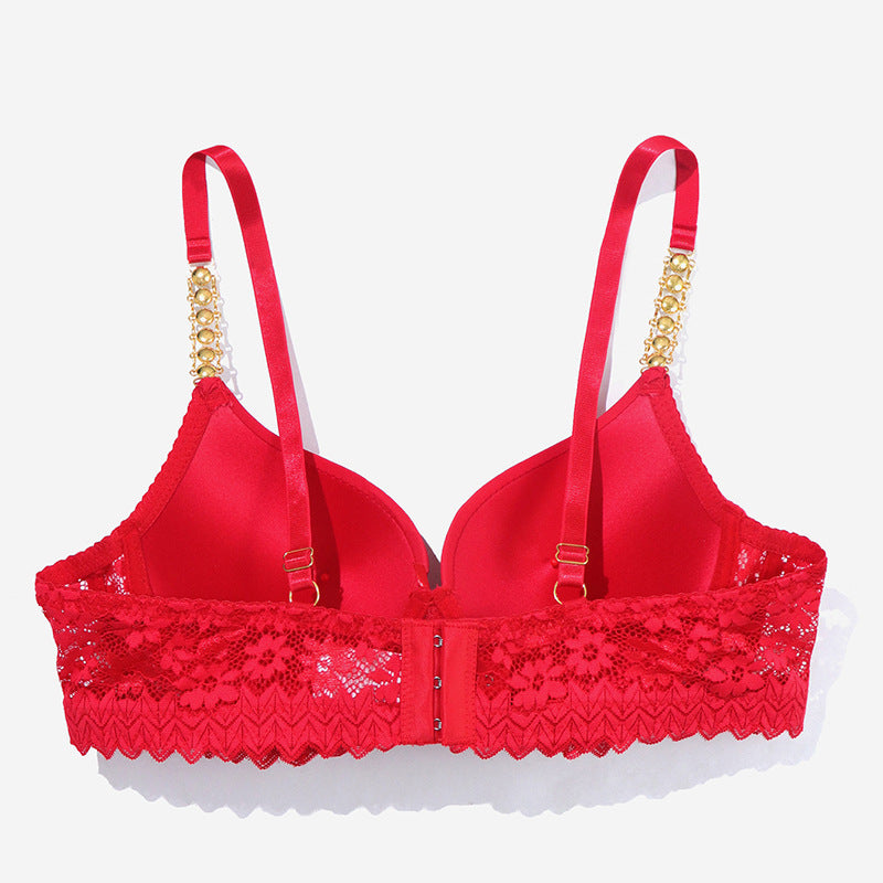 Women's French-style Lace Push Up Chain Flash Diamond Shoulder Strap Bra