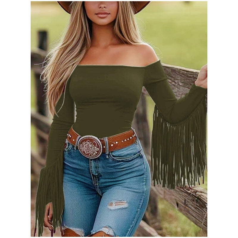 Women's Western Cowgirl Off-Shoulder Fringe Top, Sexy Slim Fitted Long Sleeve Tassel Blouse