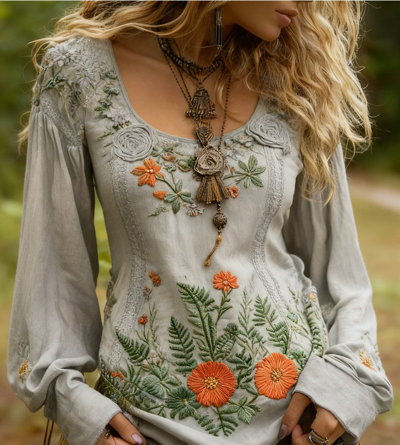 Grass And Flower Embroidered Linen Shirt
