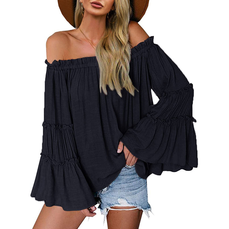 Women's Off Shoulder Blouse Long Flared Bell Sleeve Casual Loose Fit Top