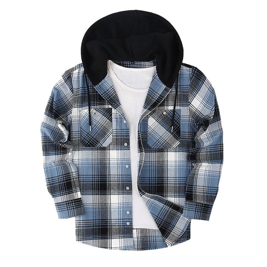 Loose Casual Flannel Long Sleeve Hooded Plaid Shirt