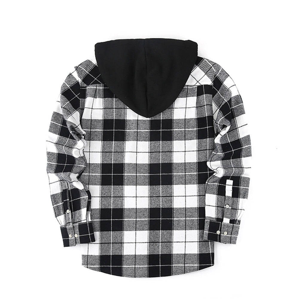 Loose Casual Flannel Long Sleeve Hooded Plaid Shirt