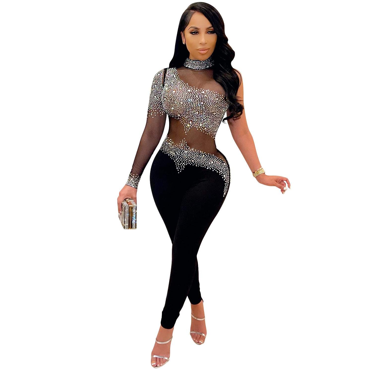 Transparent Mesh Milk Silk Stitching Rhinestone One-shoulder Jumpsuit