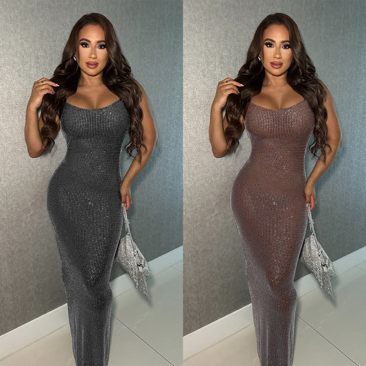 Wear Sexy Mesh Hot Drilling Arm Covering Backless Dress