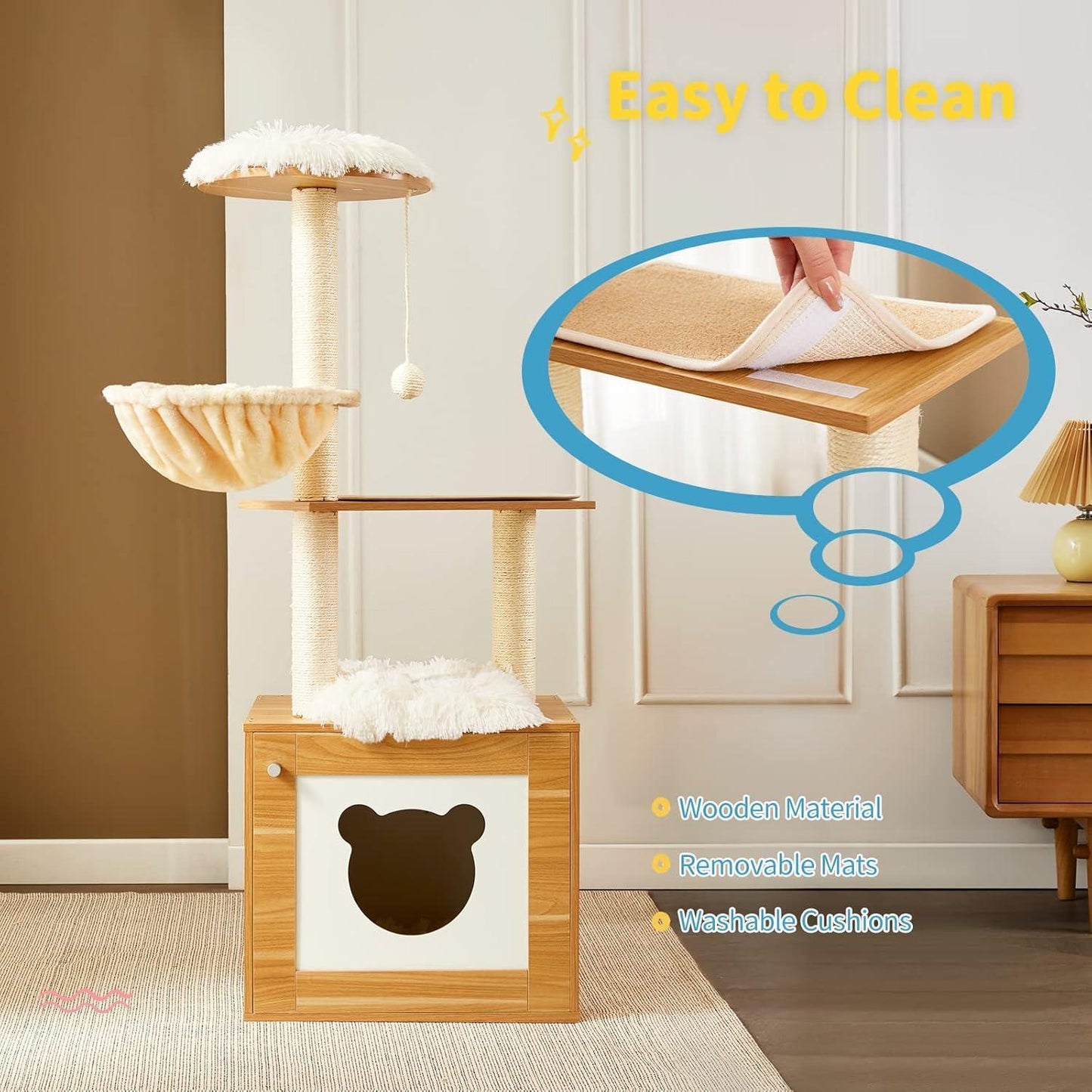 Solid Wood Cat Tree And Tower With Litter Box, Cat Scratching Board And Hammock For Indoor Large Cats