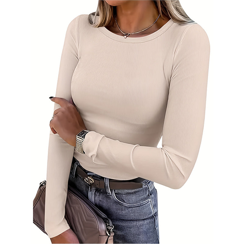 3 Pack Women's Long Sleeve Shirts, Crew Neck Ribbed Tops Slim Fit Casual Knit Tees Stretch Basic T Shirts