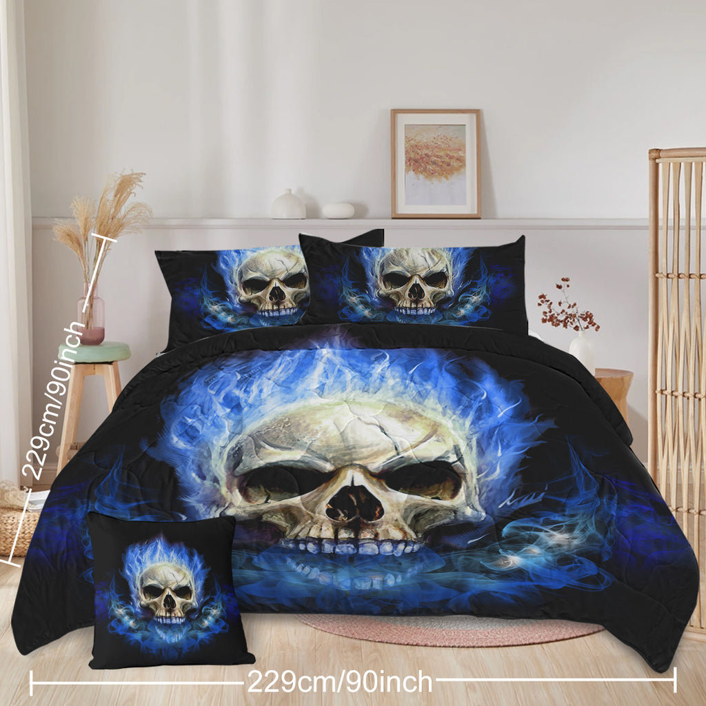 4 Piece Blue Fire Skull Comforter Set, 3D Skeleton Printed Bedding With 1 Comforter, 2 Shams, 1 Cushion Cover, Black Queen Size