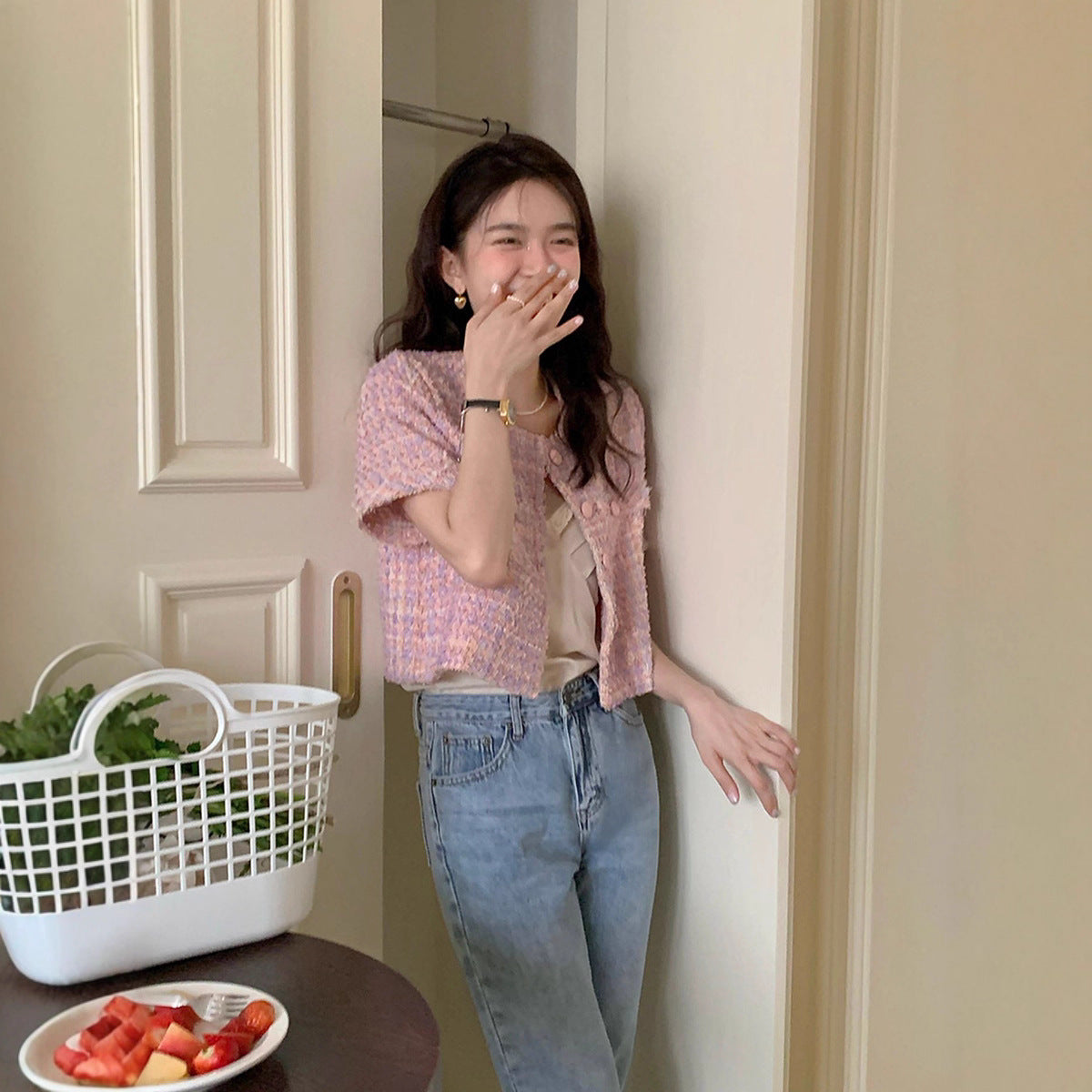 High-grade Round Neck Korean Gentle Short Sleeve Jacket