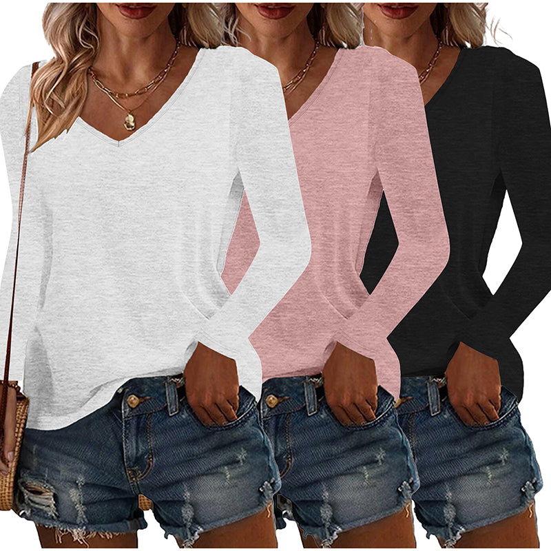 Womens Long Sleeve Shirts Fall Tops Basic Tshirts Loose Fit V Neck 3 Packs